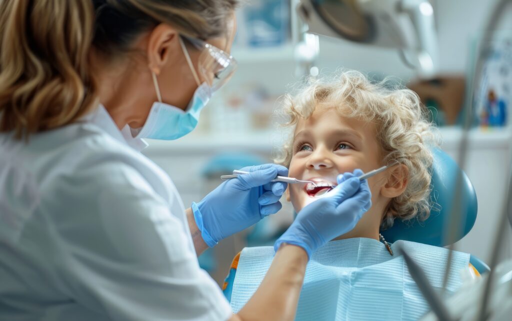 Smiling boy at the dentist's office, receiving a dental checkup from a friendly female dentist. High quality photo