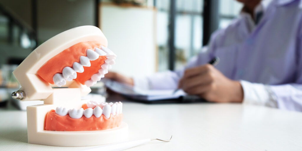 dentist with tooth model in dental office